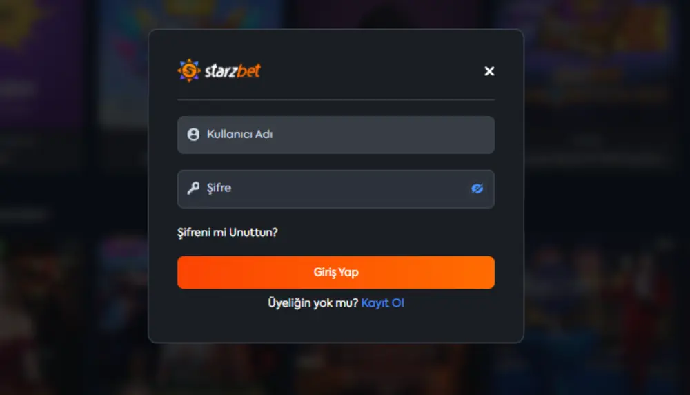 Starzbet giriş ekranı: kullanıcı adı ve şifre alanları