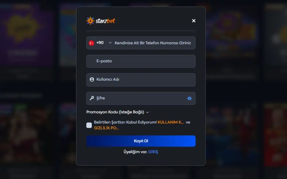 Starzbet üyelik formu alanları ve +90 ülke kodu